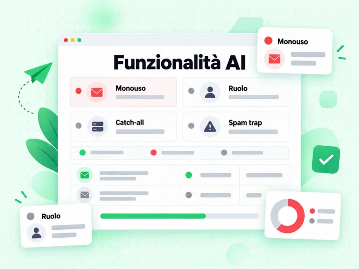 Funzionalità AI: griglia di tile Monouso, Ruolo, Catch-all e Spam trap con pallini colorati
