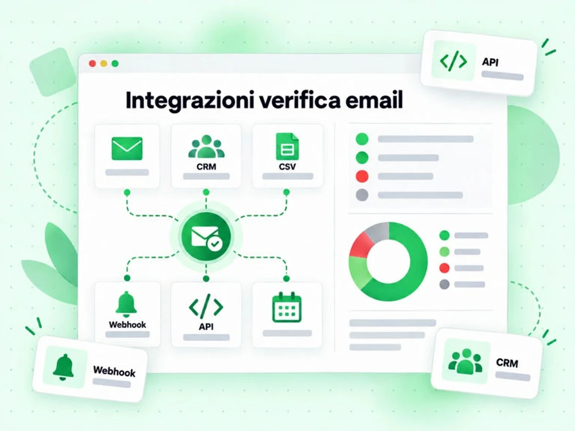 Integrazioni verifica email: griglia 2x3 di connettori con diagramma delle connessioni e badge di stato