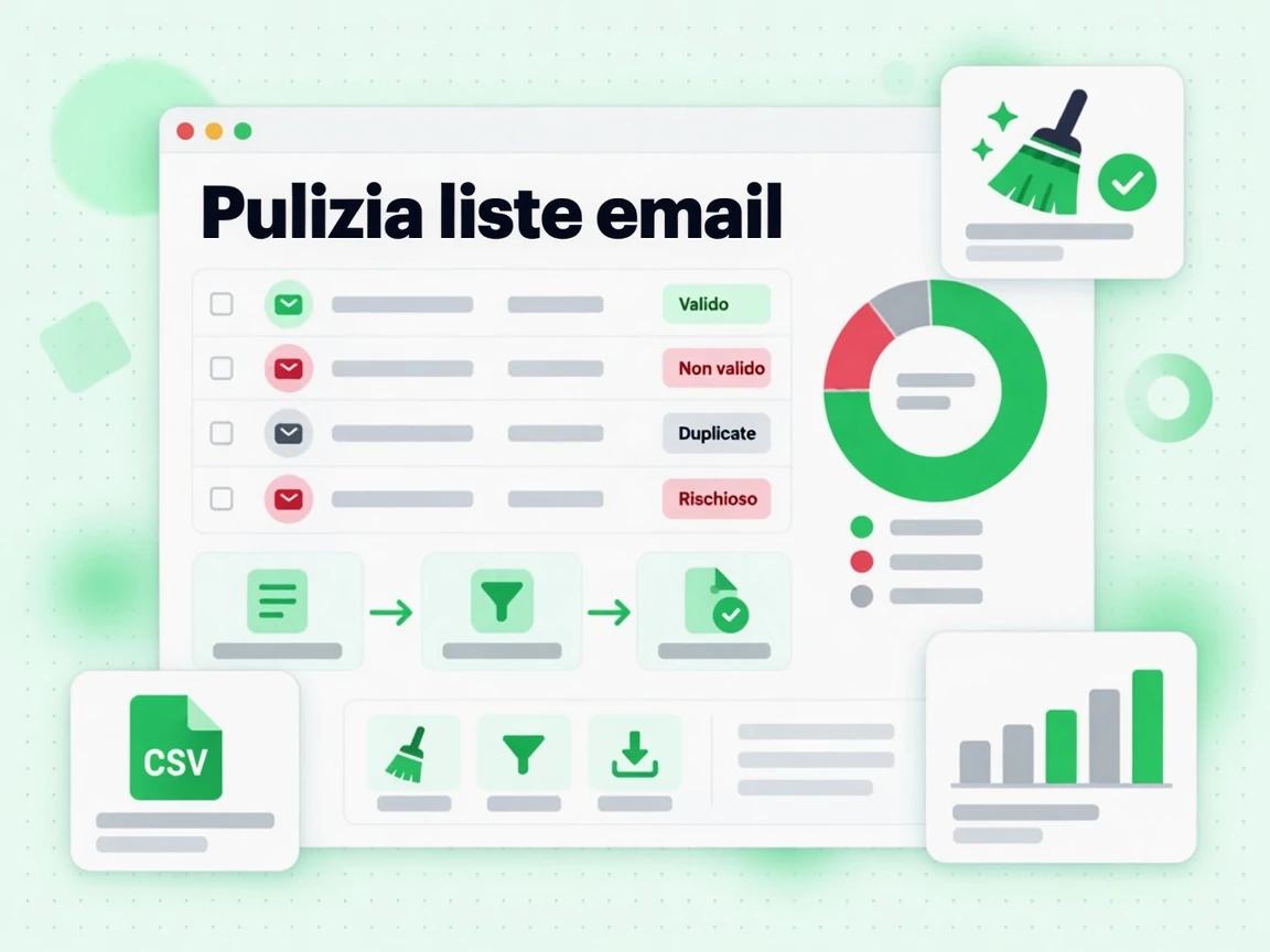 Pulizia liste email che smista gli indirizzi in Valido, Non valido, Duplicato e Rischioso.