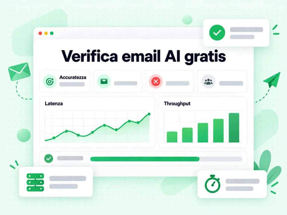 Verifica email AI gratis: card metriche, grafico di latenza e grafico di throughput