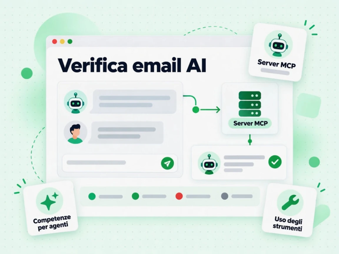 Verifica email AI: pannello chat dell'agente con bubble, card tool-call e diagramma verso un nodo MCP
