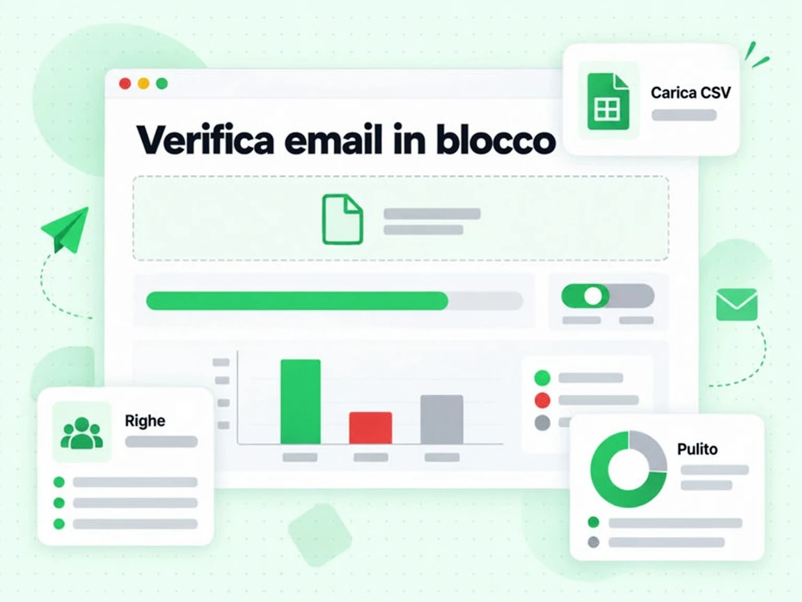 Verifica email in blocco: caricamento di un CSV, righe elaborate e lista Pulito ottenuta.