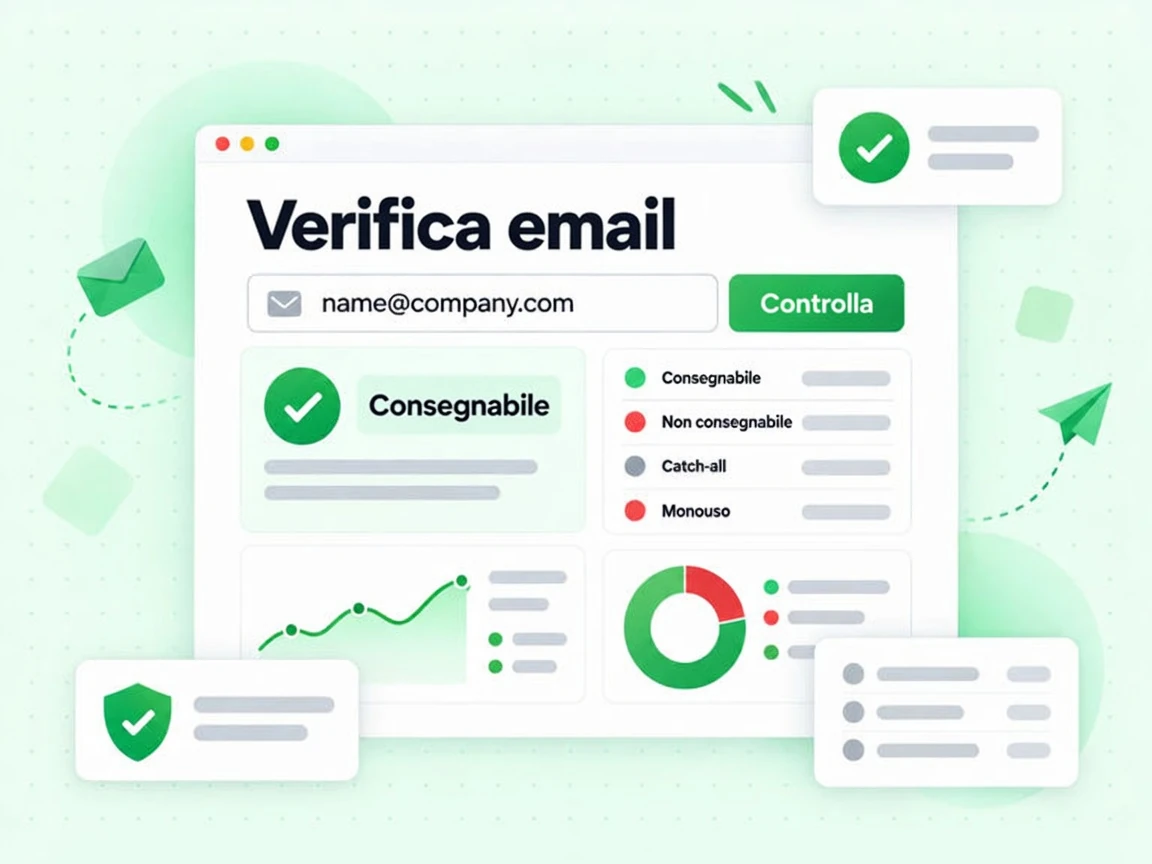 Scena di verifica email con il pulsante Controlla e gli esiti Consegnabile, Non consegnabile e Monouso.