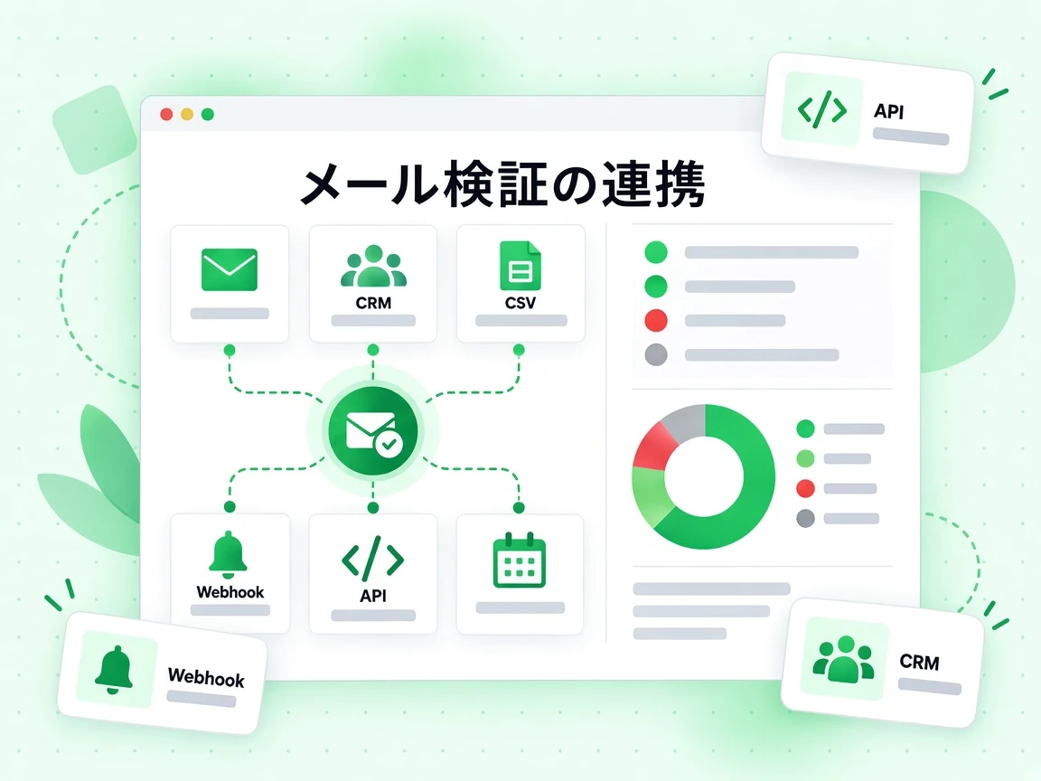 メール検証の連携グリッドは API、Webhook、CRM、CSV インポートを結び付けて示す