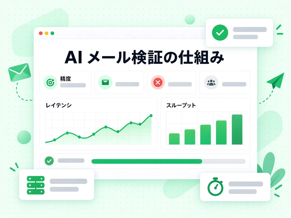 AI メール検証の仕組みは精度、レイテンシ、スループットの各カードを備えた性能ダッシュボードで示す