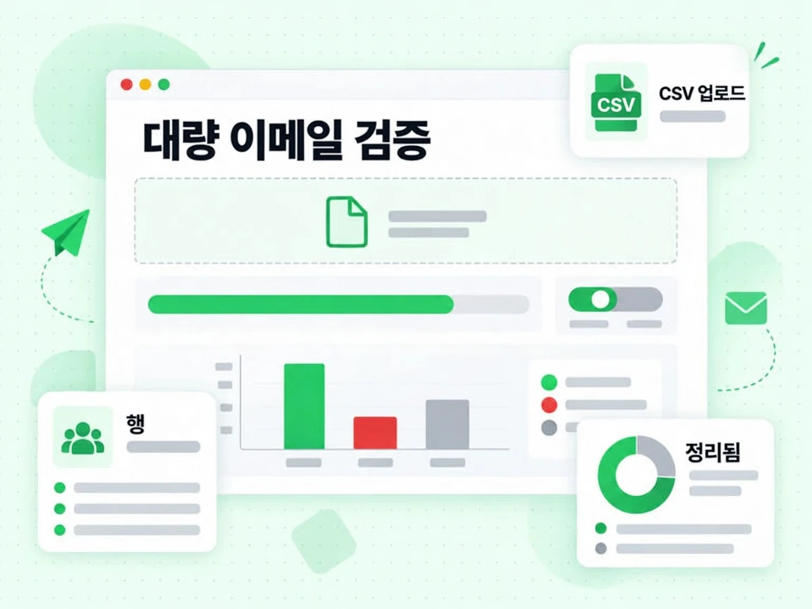 대량 이메일 검증 창에 CSV 업로드 영역과 진행 막대가 있고, 결과 분포 차트에 행과 정리됨이 있습니다