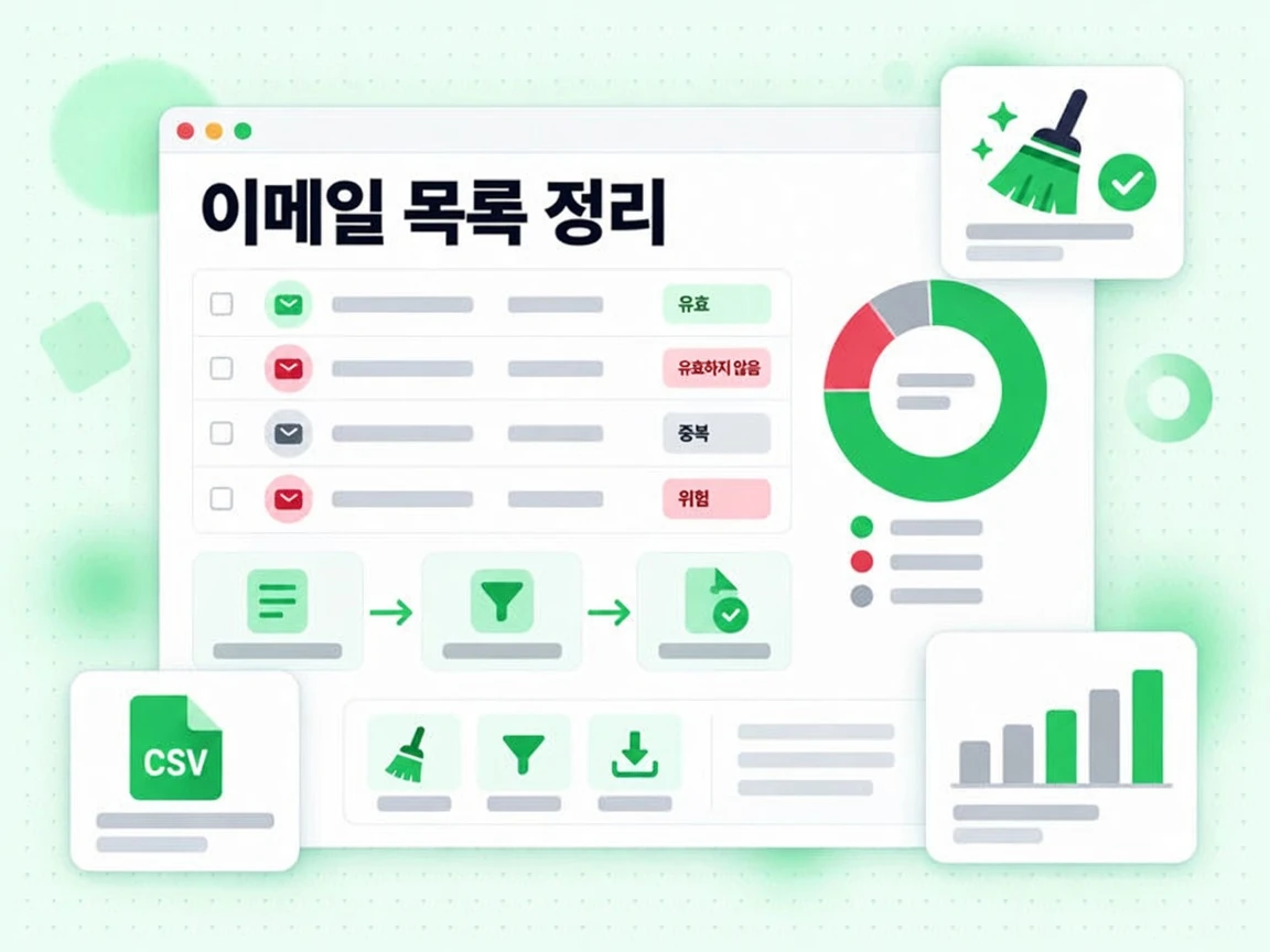 이메일 목록 정리 표가 중복 제거 흐름으로 유효, 유효하지 않음, 중복, 위험 주소를 구분합니다