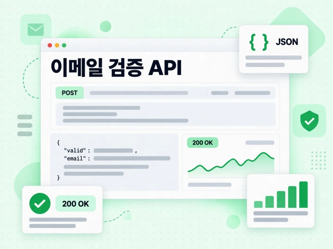이메일 검증 API 콘솔에 POST 요청, 200 OK 배지, JSON 응답 블록이 표시됩니다