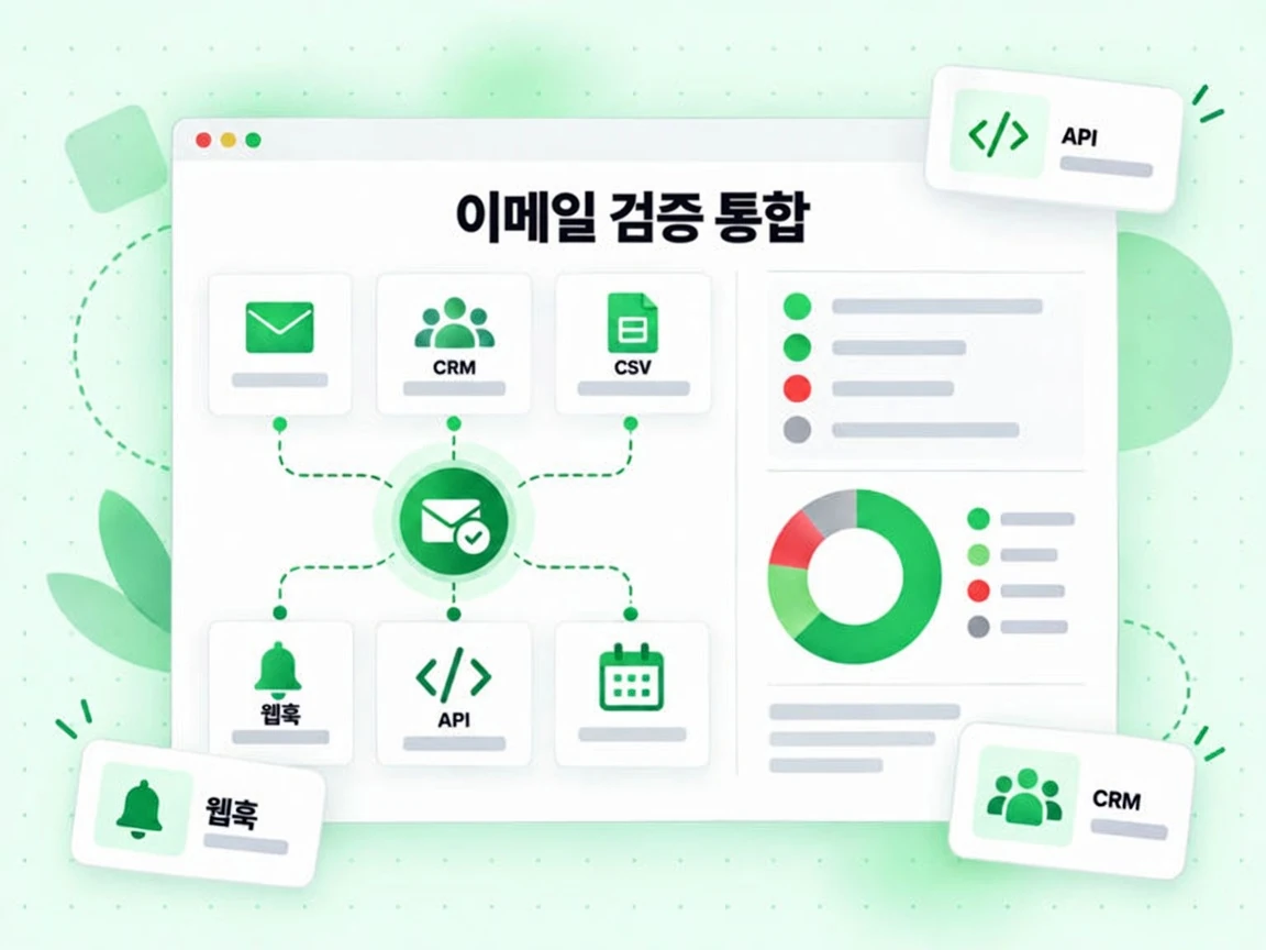 이메일 검증 통합이 API, 웹훅, CRM, CSV 가져오기를 연결하는 그리드로 보인다