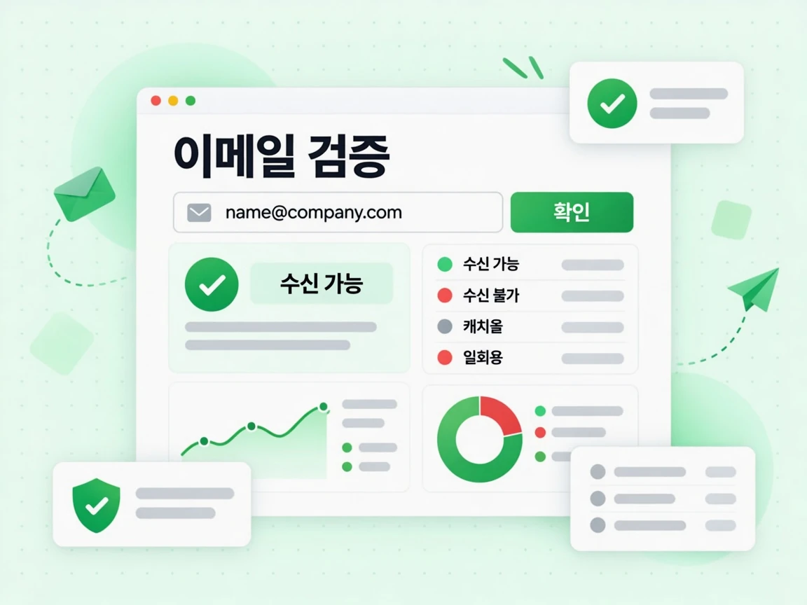 이메일 검증 창이 주소 하나를 확인해 수신 가능, 수신 불가, 캐치올, 일회용 상태를 표시합니다