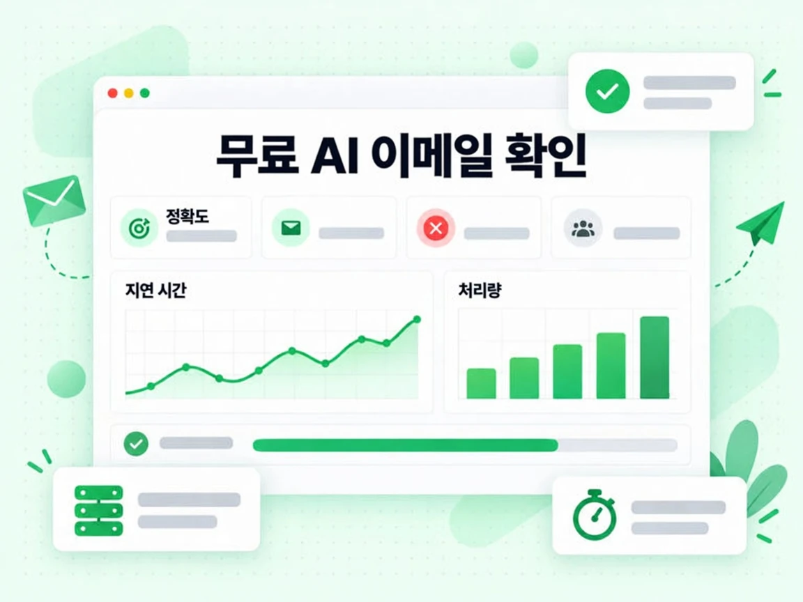 무료 AI 이메일 확인 성능 대시보드에 정확도, 지연 시간, 처리량 지표가 표시됩니다