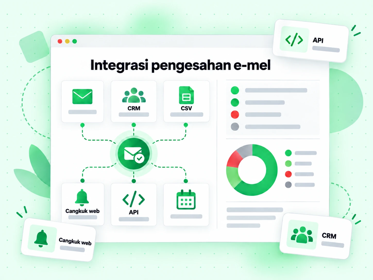 Grid Integrasi pengesahan e-mel memautkan API, Cangkuk web, CRM dan import CSV