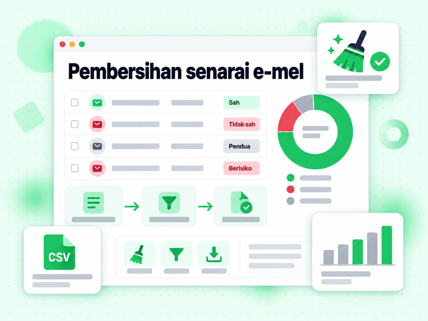 Jadual Pembersihan senarai e-mel mengasingkan Sah, Tidak sah, Pendua dan Berisiko dengan aliran buang pendua
