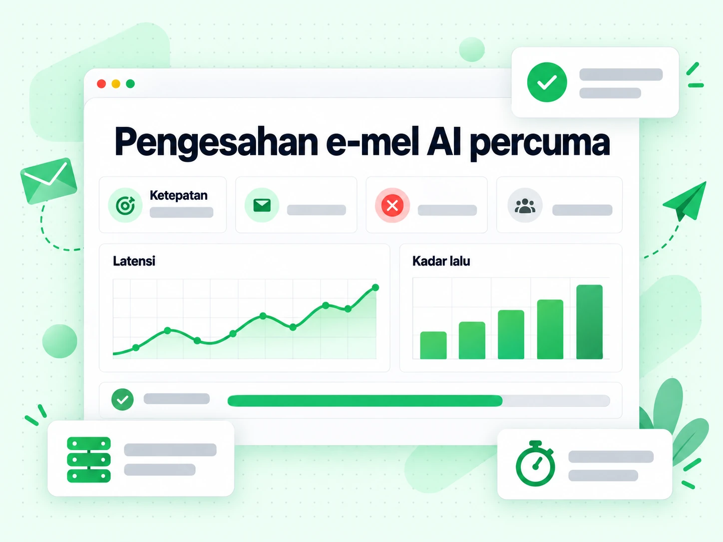 Papan pemuka Pengesahan e-mel AI percuma dengan kad Ketepatan, Latensi dan Kadar lalu