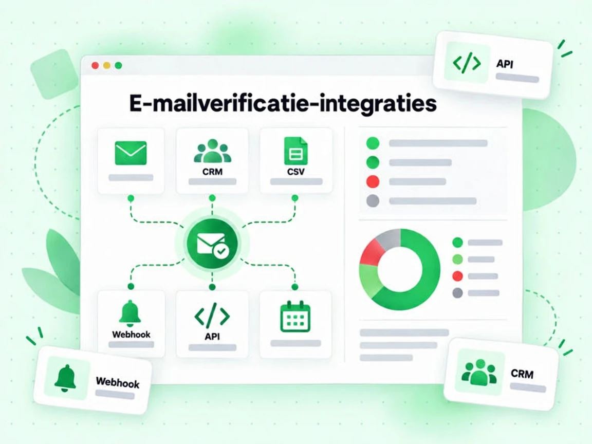 E-mailverificatie-integraties raster dat een API, een webhook, een CRM en een CSV-import koppelt