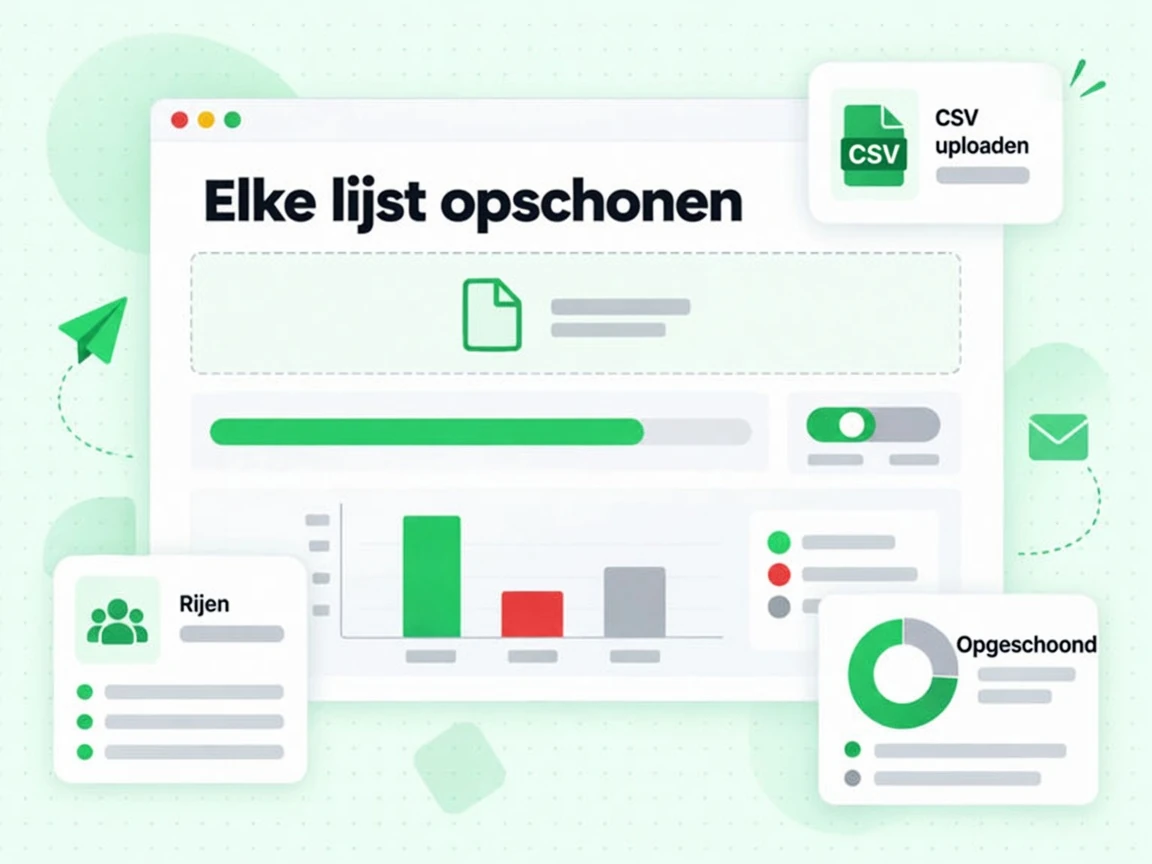 Het venster Elke lijst opschonen toont CSV uploaden, Rijen, een voortgangsbalk, een grafiek en Opgeschoond.