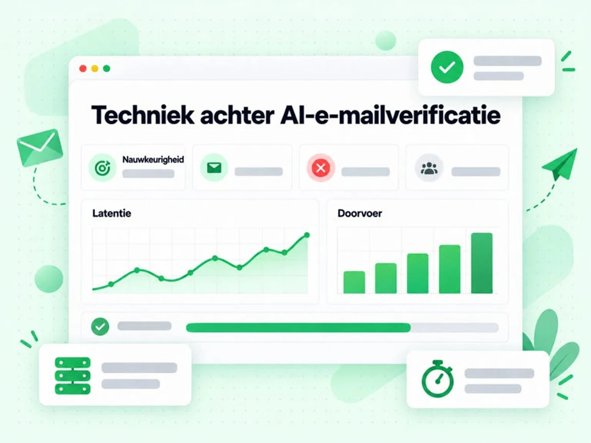 Techniek achter AI-e-mailverificatie prestatiedashboard met nauwkeurigheids-, latentie- en doorvoerstatistieken