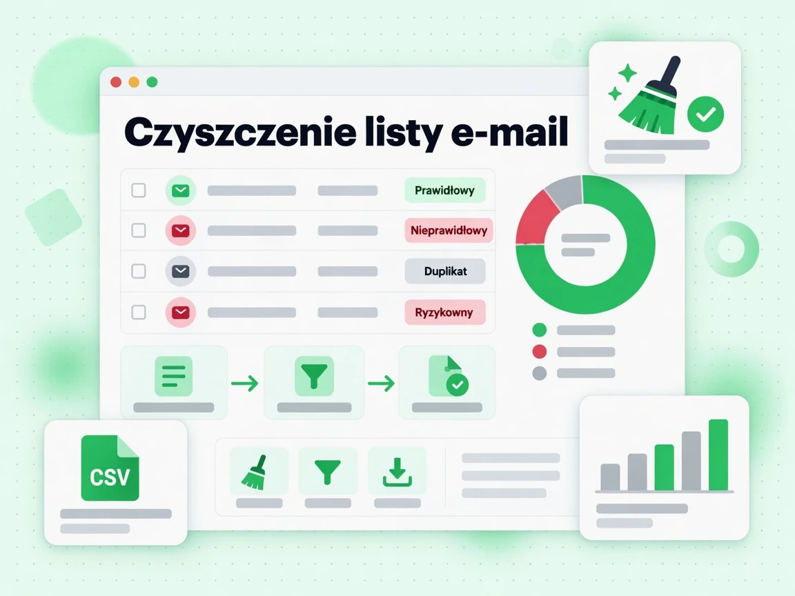 Czyszczenie listy e-mail rozdziela adresy na prawidłowy, nieprawidłowy, duplikat i ryzykowny