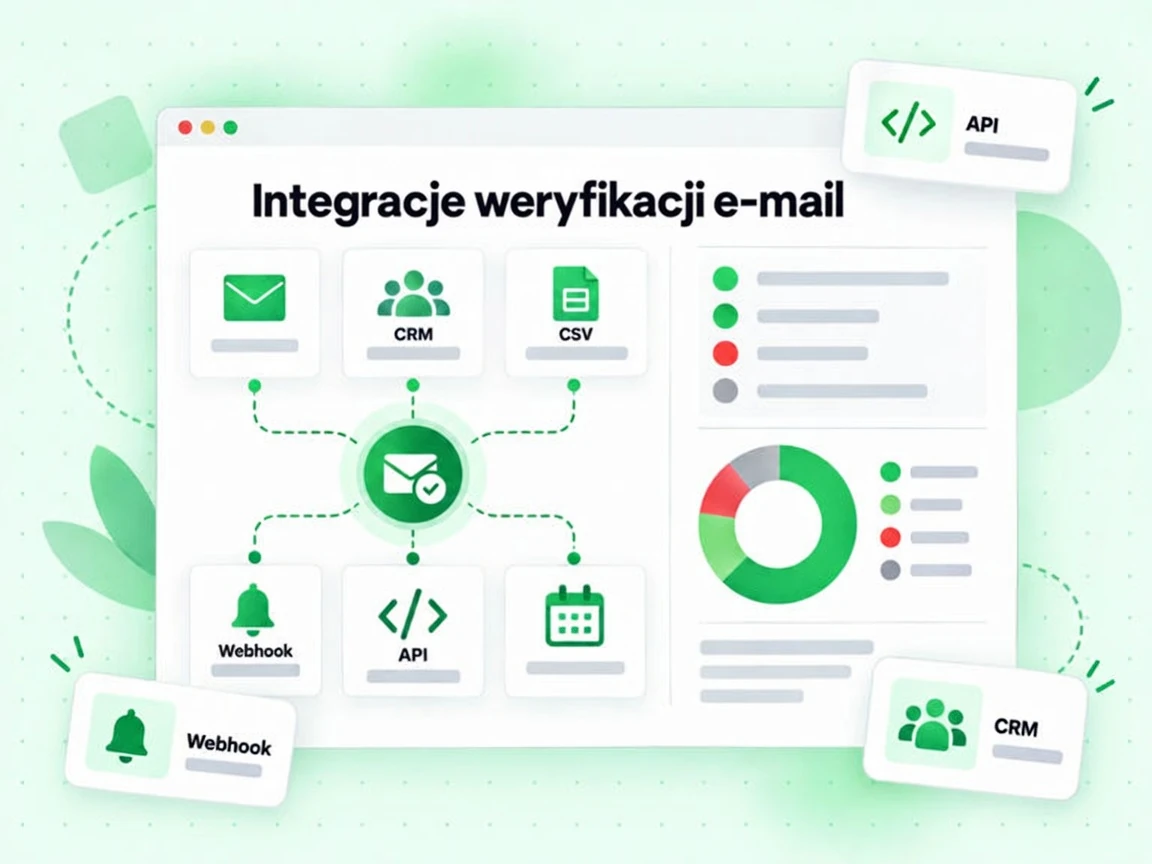 Siatka integracji weryfikacji e-mail łączy API, webhook, CRM i import CSV