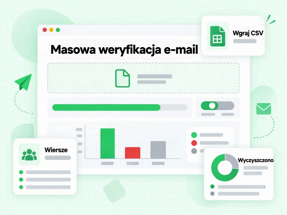 Masowa weryfikacja e-mail wgrywa plik CSV i pokazuje liczbę wierszy oraz status Wyczyszczono