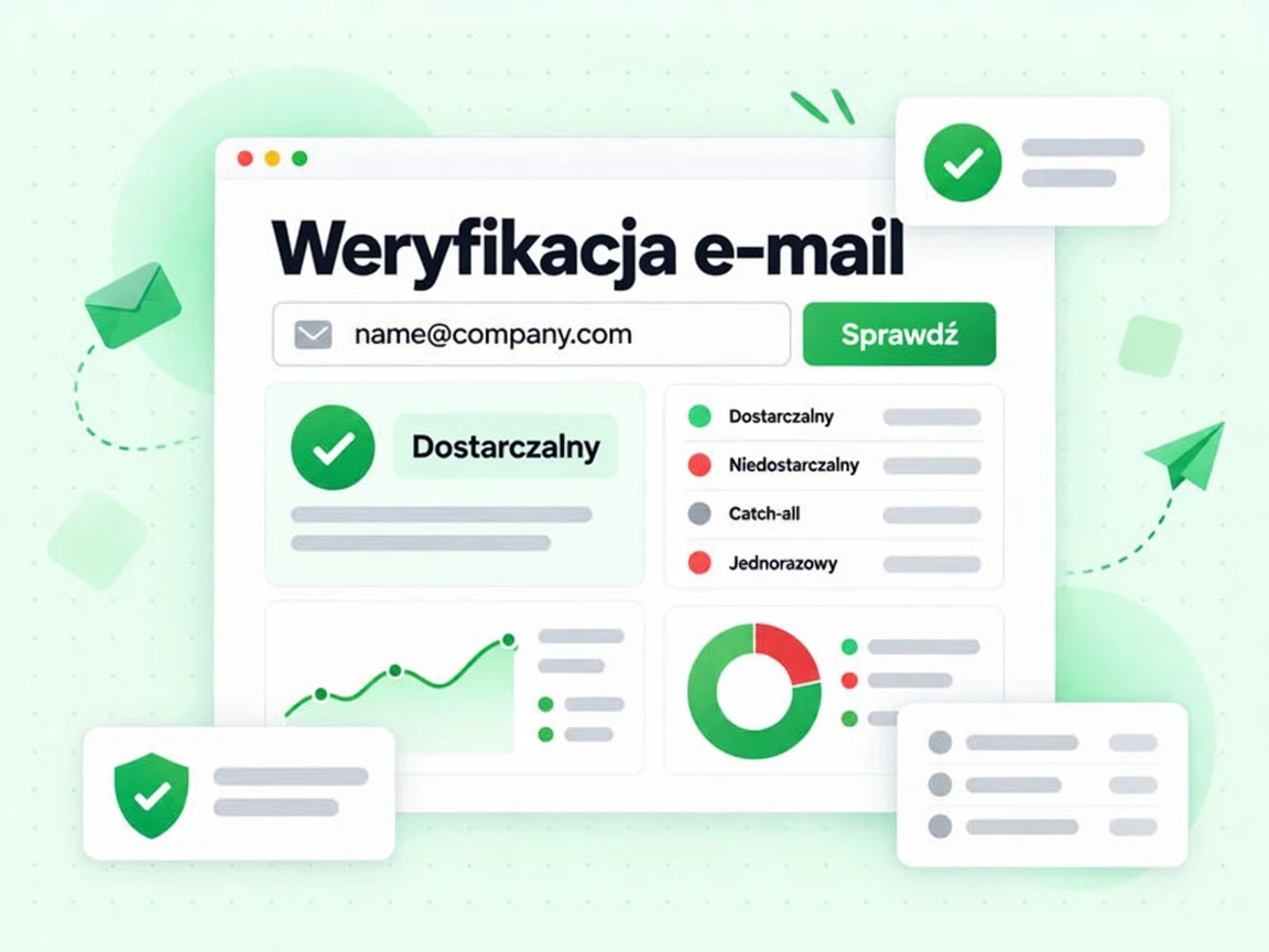 Weryfikacja e-mail sprawdza adres i pokazuje wyniki dostarczalny, niedostarczalny, catch-all i jednorazowy