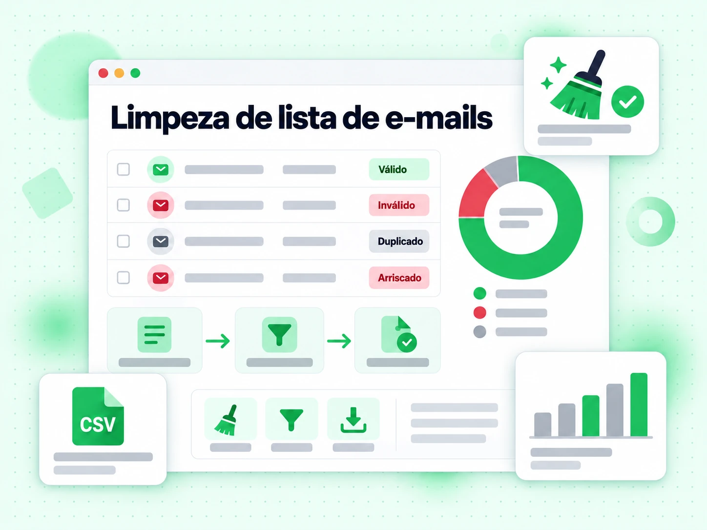 Limpeza de lista de e-mails com categorias Válido, Inválido, Duplicado e Arriscado