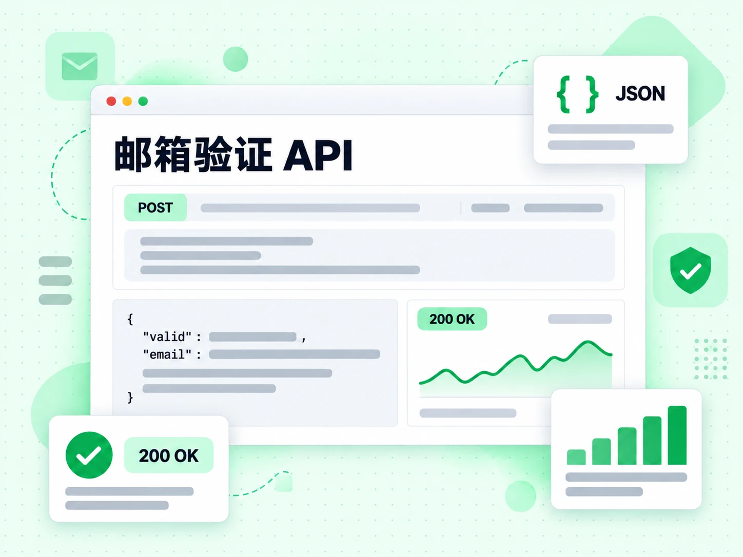 邮箱验证 API 控制台展示 POST 请求、200 OK 胶囊和 JSON 响应块。