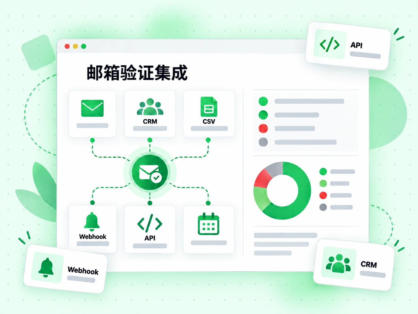 邮箱验证集成网格连接 API、Webhook、CRM 和 CSV 导入。
