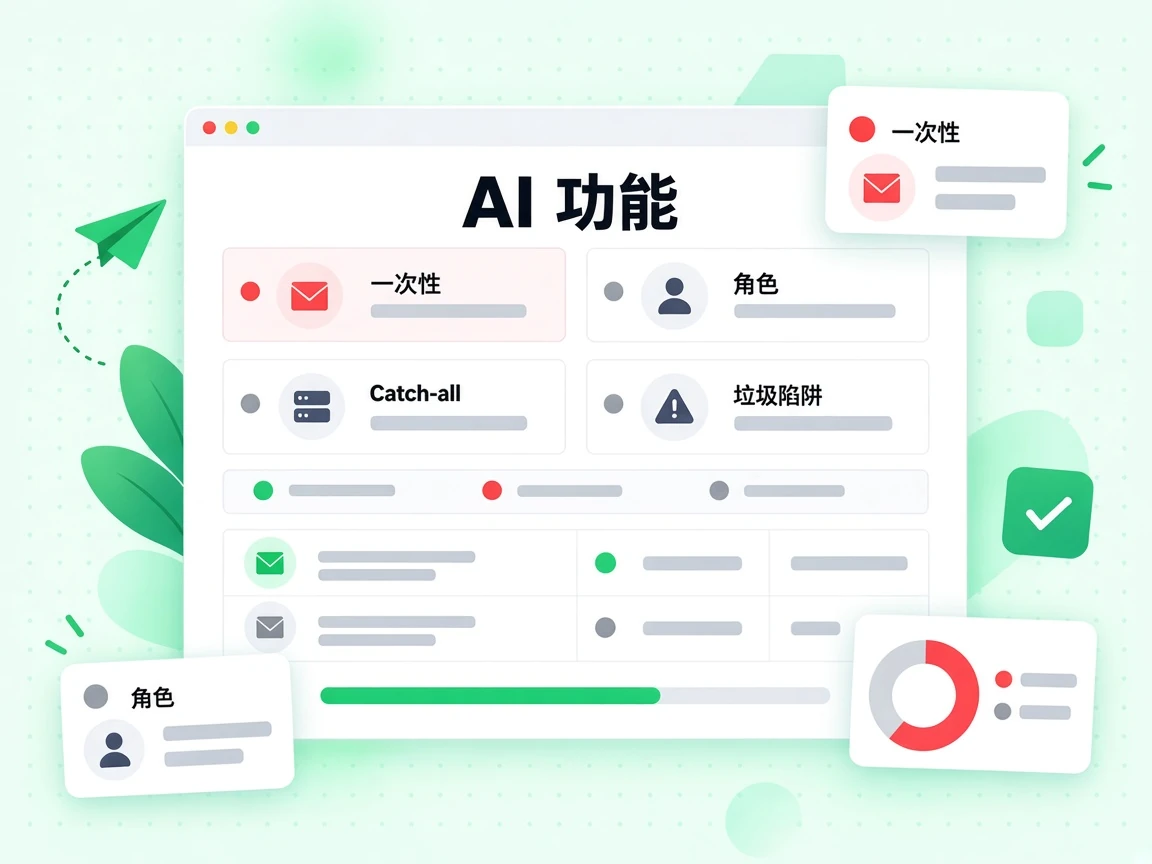 AI 功能偵測網格標出一次性、角色、Catch-all 與垃圾陷阱。