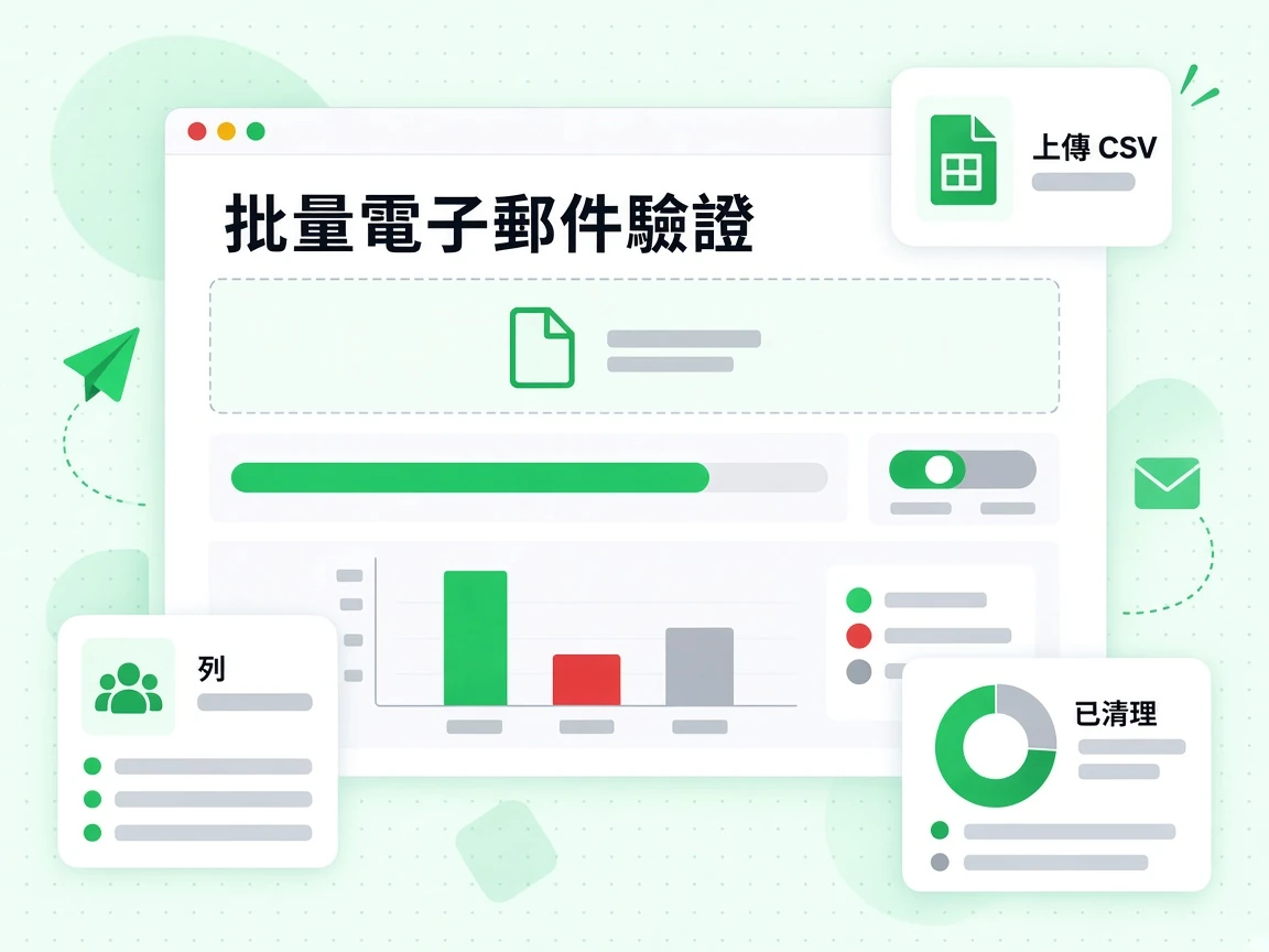 批量電子郵件驗證視窗含上傳 CSV 拖放區、進度條與結果分布圖，並標示列與已清理。