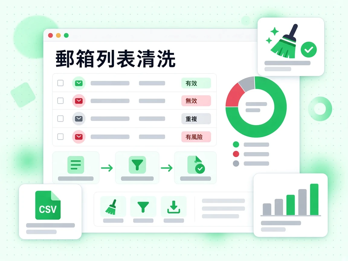 郵箱列表清洗表格將地址分成有效、無效、重複與有風險，並以箭頭呈現去重。
