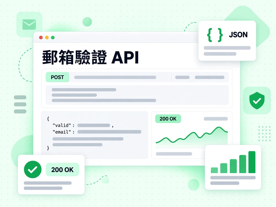 郵箱驗證 API 主控台顯示 POST 請求、200 OK 標籤與 JSON 回應。
