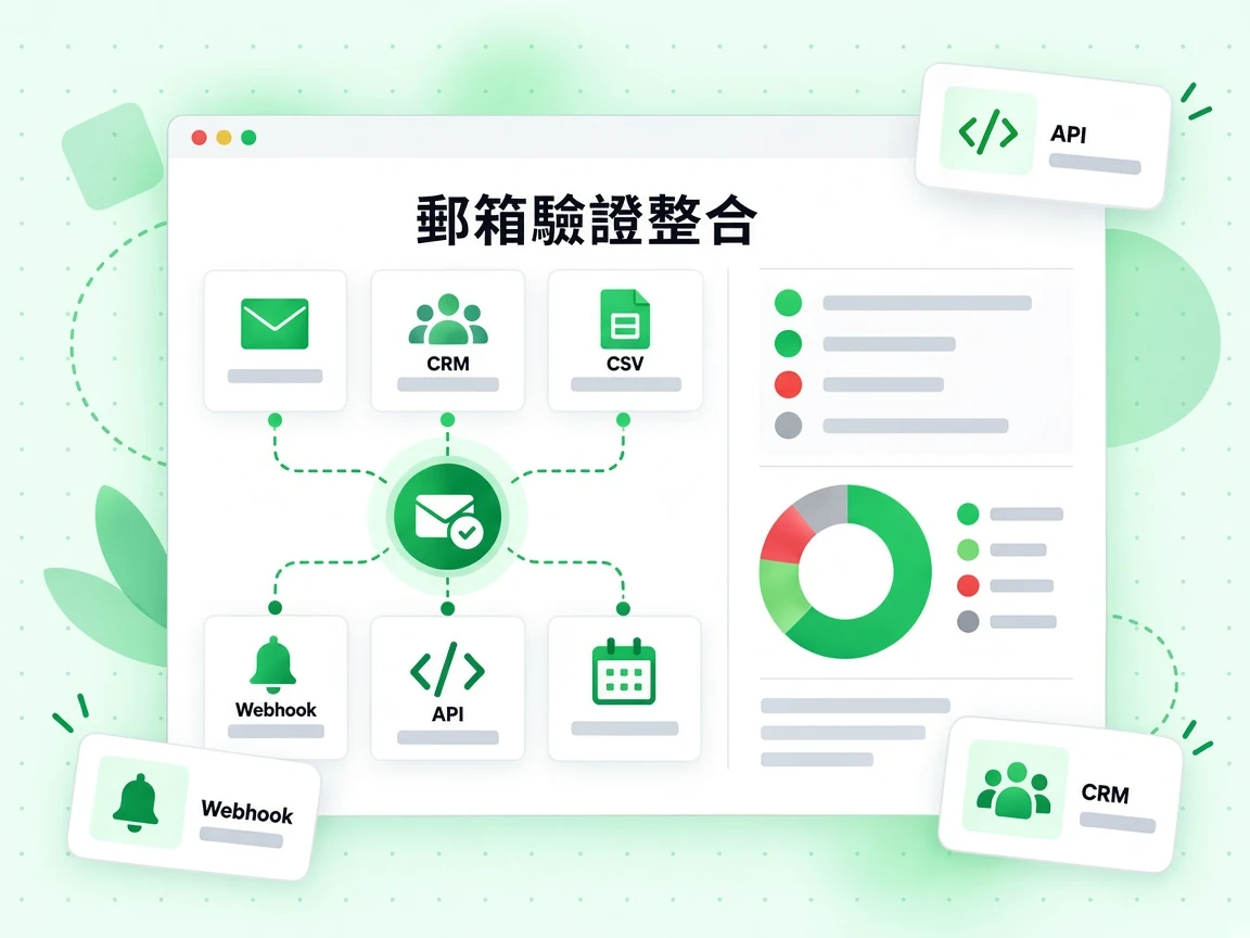 郵箱驗證整合網格以連線串起 API、Webhook、CRM 與 CSV。