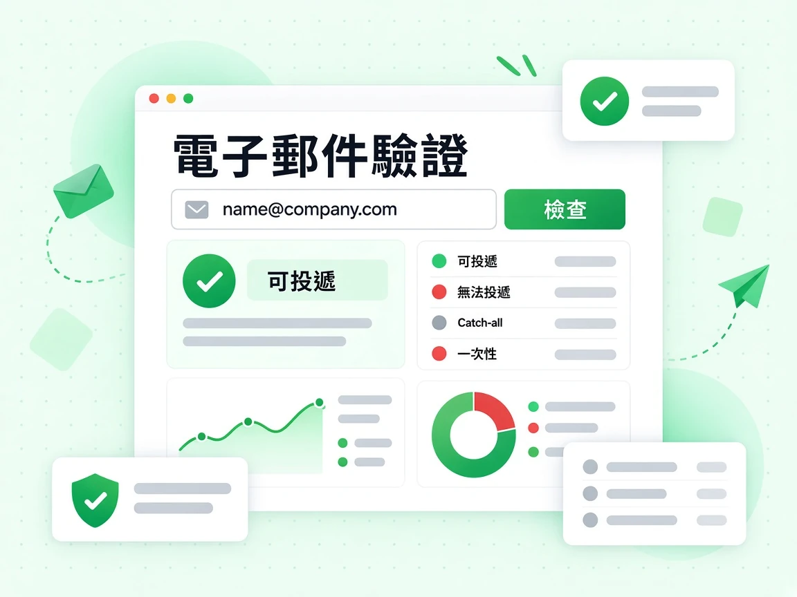 電子郵件驗證視窗以檢查按鈕核對地址，並標出可投遞、無法投遞、Catch-all 與一次性。