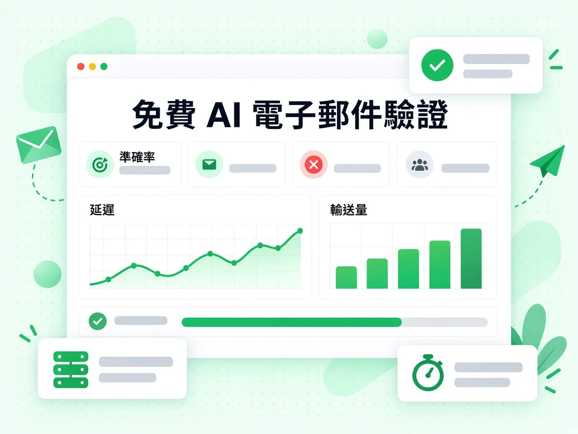 免費 AI 電子郵件驗證效能儀表板以卡片呈現準確率、延遲與輸送量。