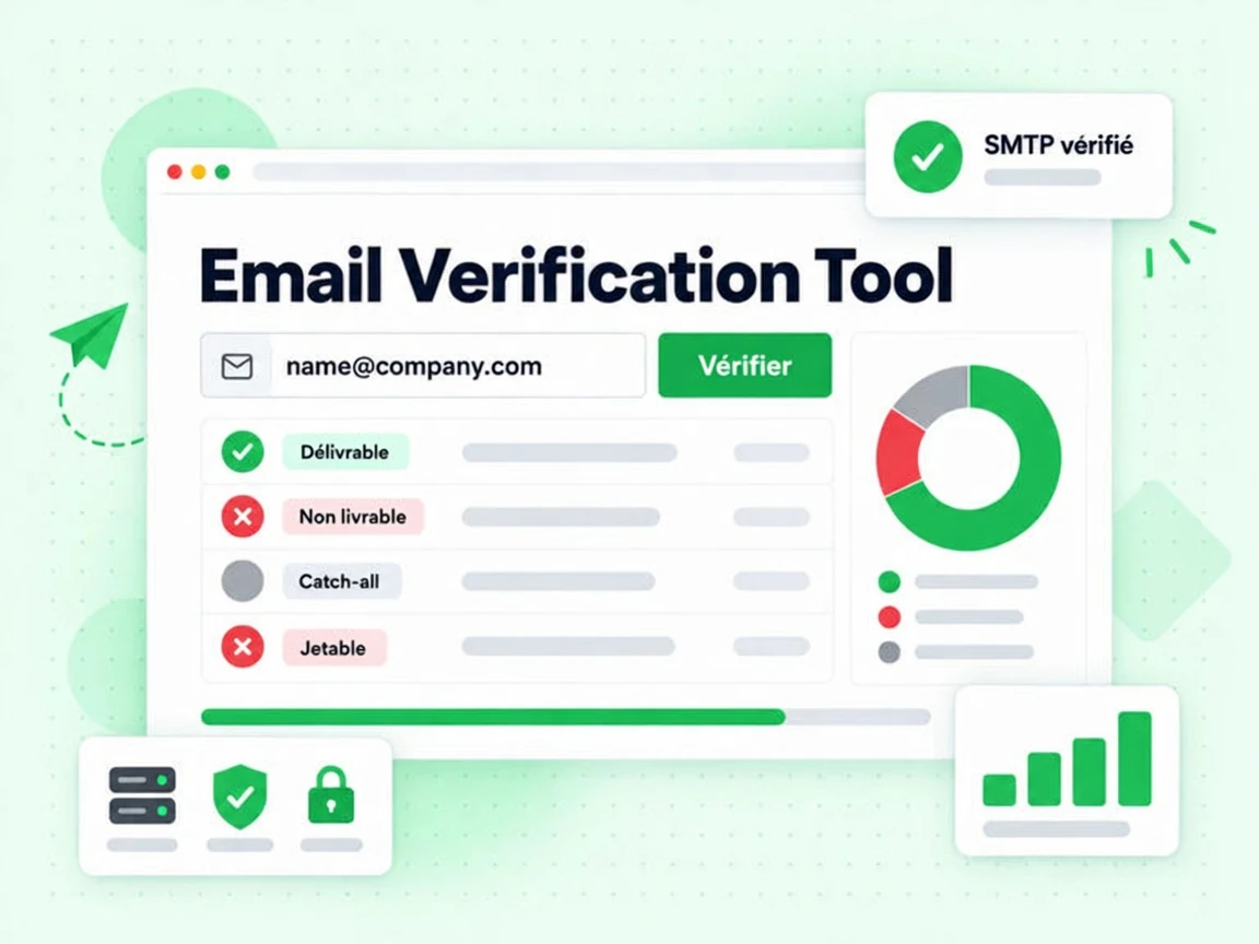 Email Verification Tool : interface avec Vérifier, Délivrable, Non livrable, Catch-all, Jetable
