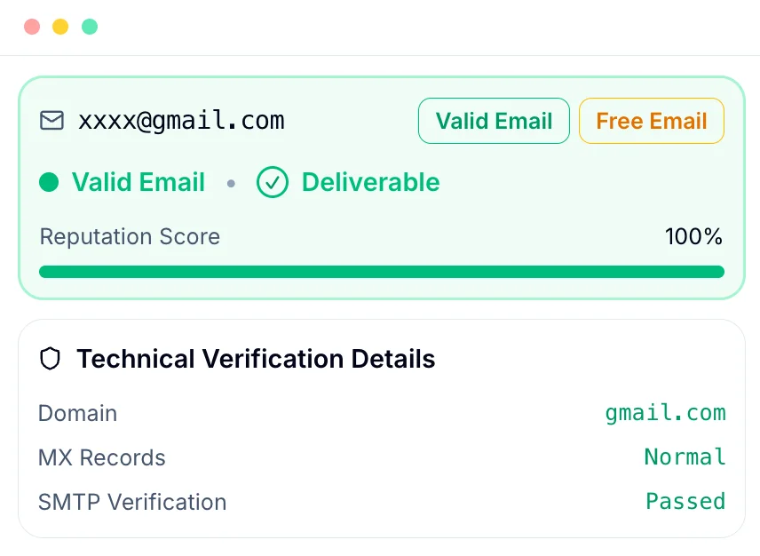 BillionVerify free email address checker result screen