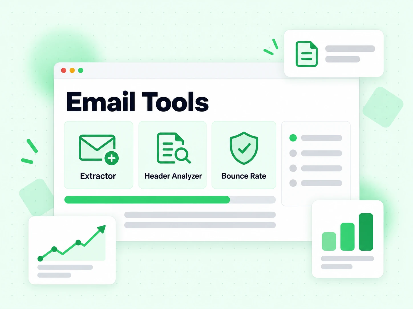 Email Tools group with Extractor, Header Analyzer, and Bounce Rate tiles