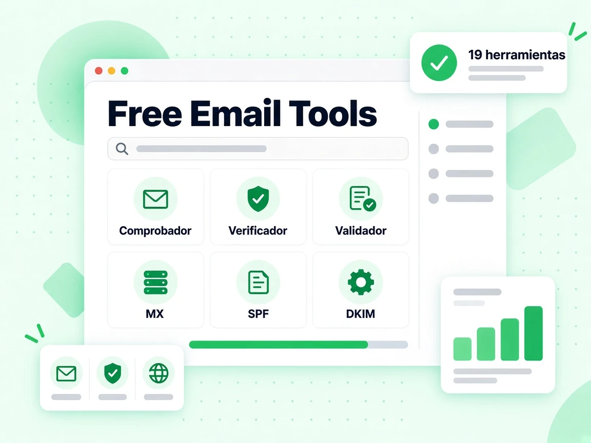 Free Email Tools en panel con fichas Comprobador, Verificador, Validador, MX, SPF y DKIM, con 19 herramientas