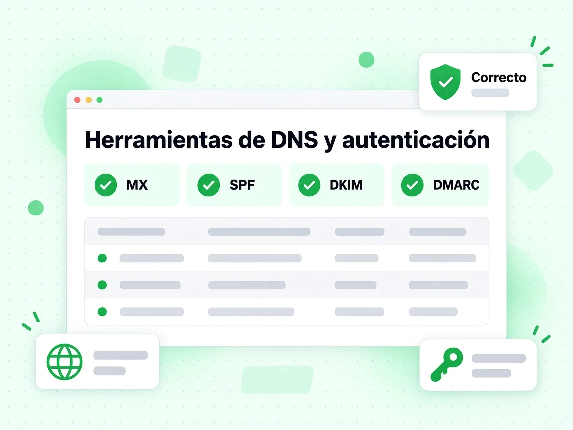 Herramientas de DNS y autenticación agrupa fichas MX, SPF, DKIM y DMARC, todas marcadas Correcto