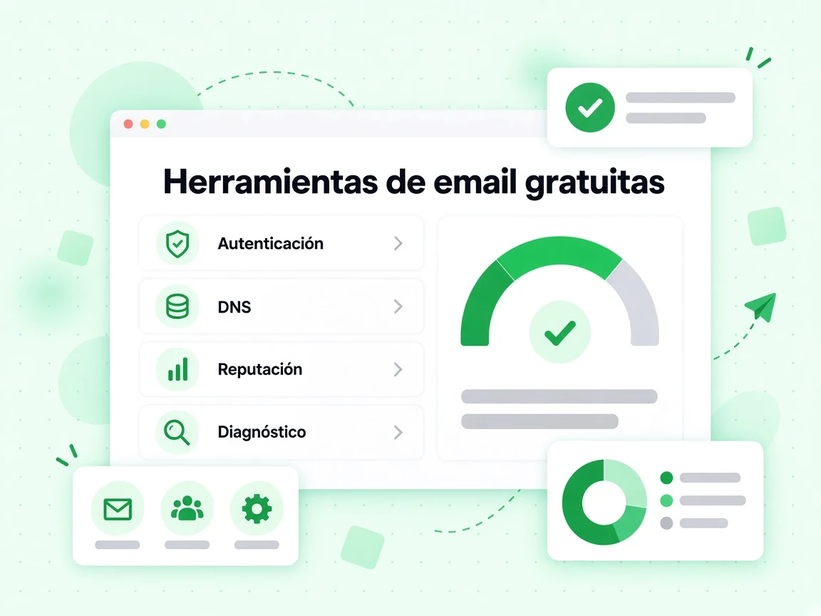 Herramientas de email gratuitas con tarjetas de motivos: Autenticación, DNS, Reputación y Diagnóstico