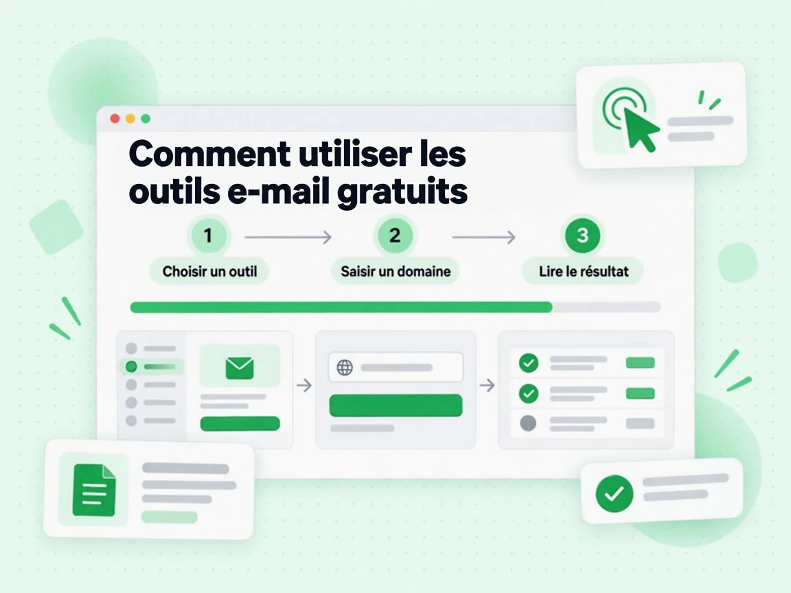 Comment utiliser les outils e-mail gratuits : interface avec Choisir un outil, Saisir un domaine, Lire le résultat