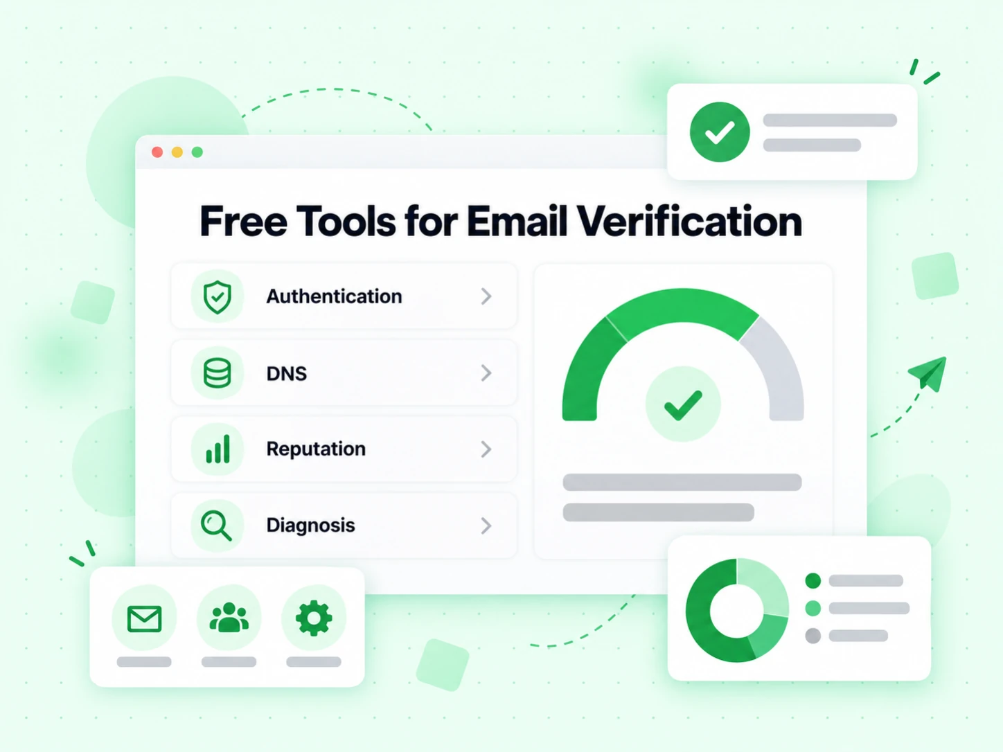 Free Tools for Email Verification reason cards for authentication, DNS, reputation, and diagnosis