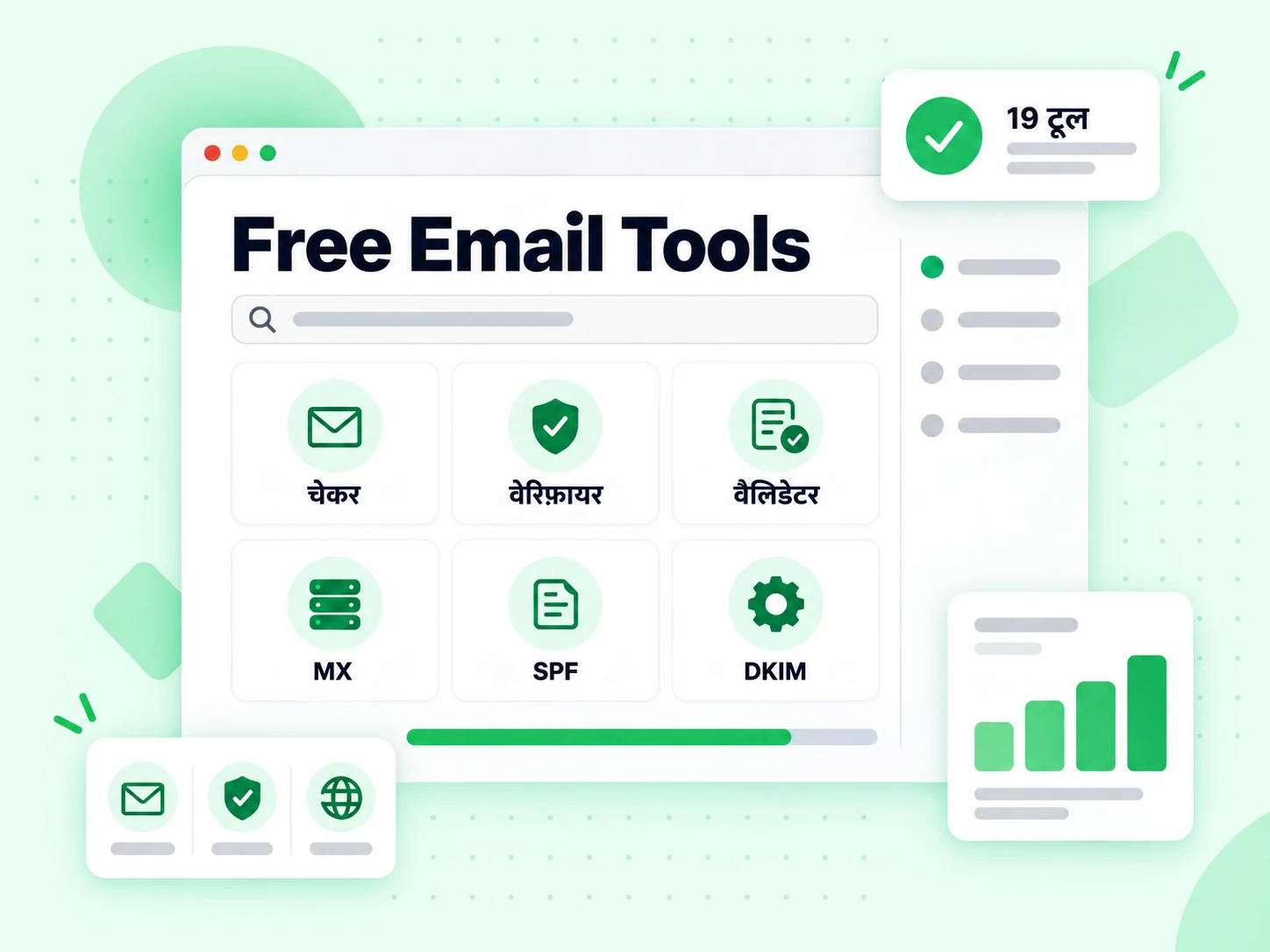 Free Email Tools मुफ़्त ईमेल टूल हब में ईमेल चेकर, ईमेल वेरिफ़ायर, ईमेल वैलिडेटर, MX, SPF और DKIM टाइल