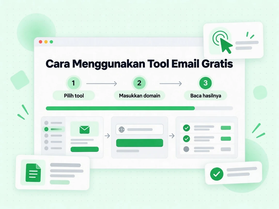 Cara Menggunakan Tool Email Gratis dalam tiga langkah: pilih tool, masukkan domain, baca hasilnya