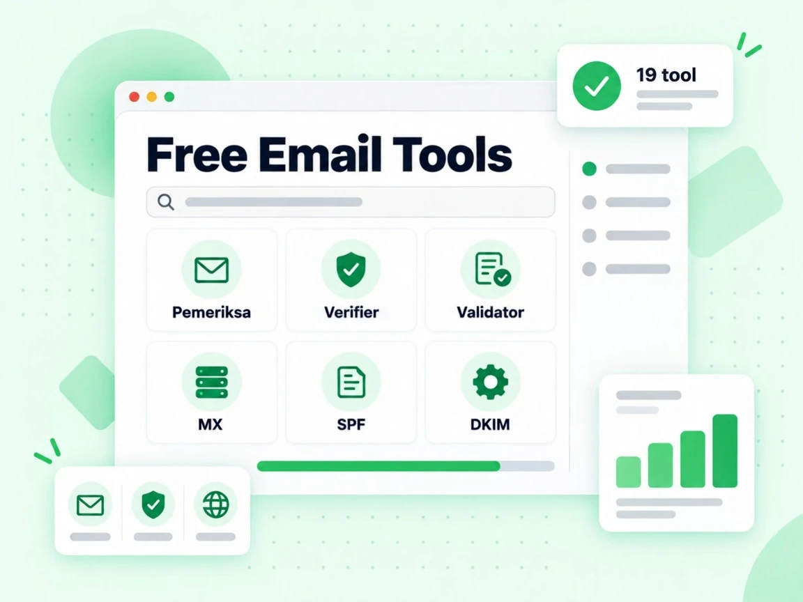 Free Email Tools: hub dengan petak untuk Email Checker, Email Verifier, Email Validator, MX, SPF dan DKIM