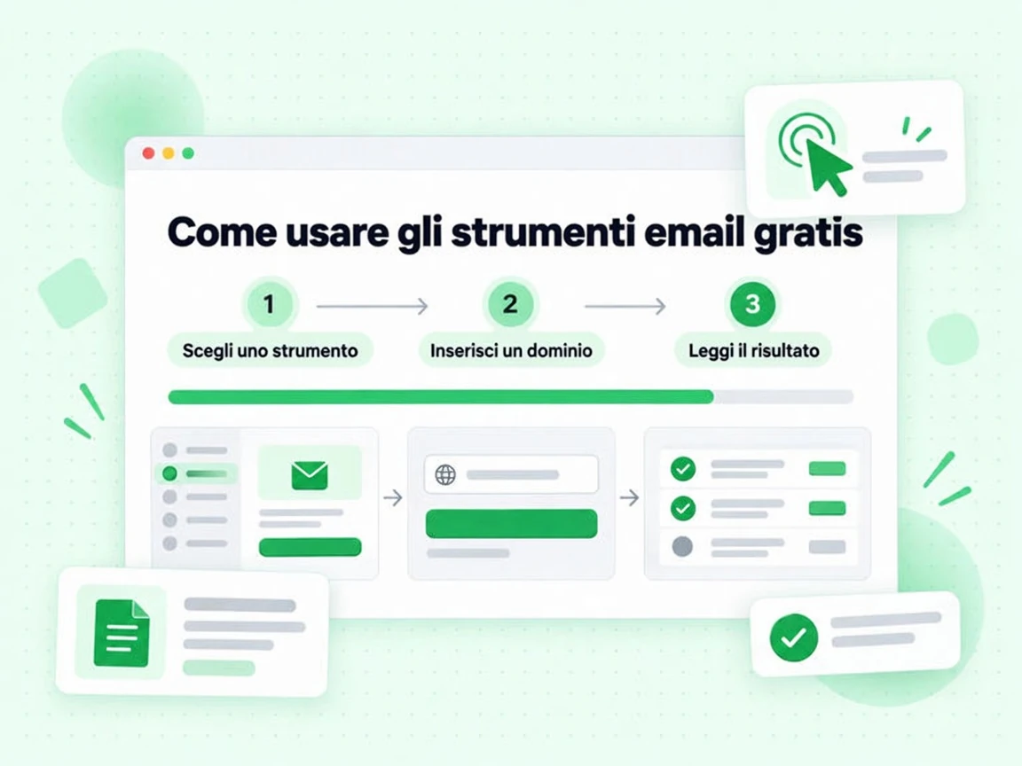 Come usare gli strumenti email gratis in tre passaggi: scegli, inserisci un dominio, leggi il risultato