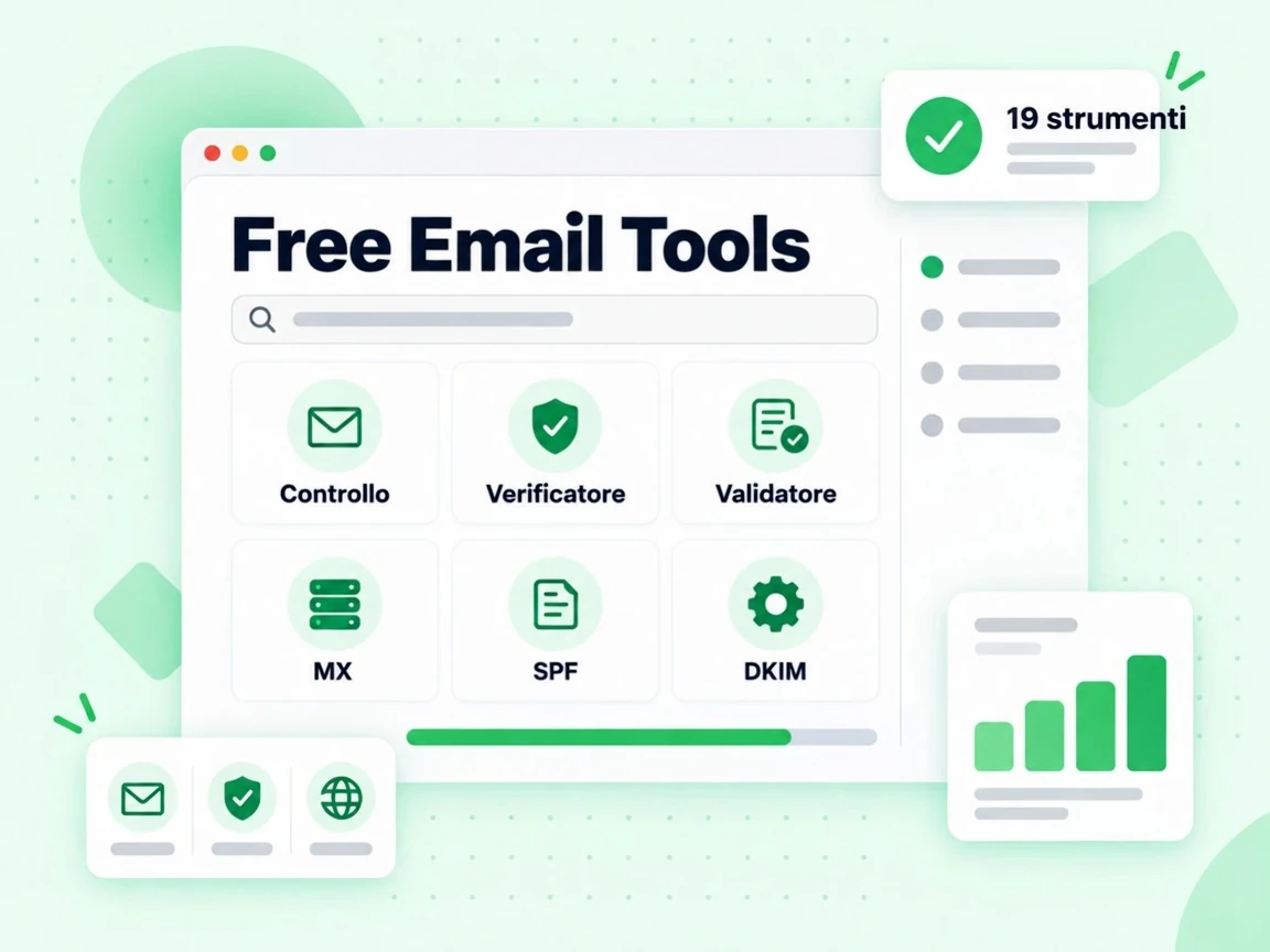 Free Email Tools: hub con tile per Controllo email, Verificatore email, Validatore email, MX, SPF e DKIM