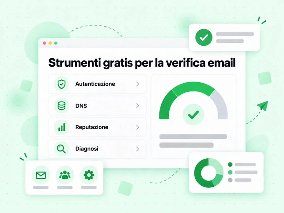 Strumenti gratis per la verifica email: card dedicate ad autenticazione, DNS, reputazione e diagnosi