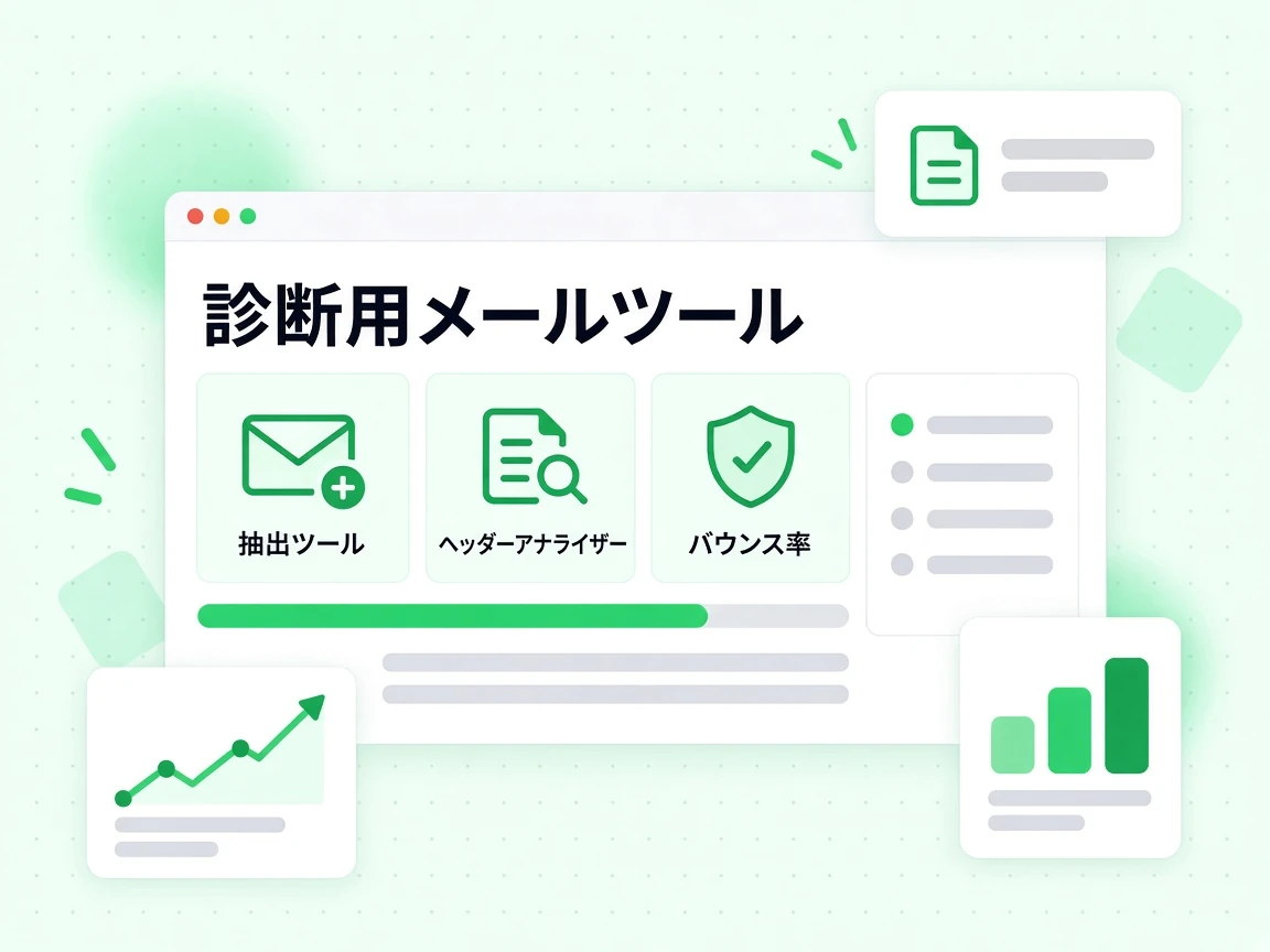 診断用メールツールのグループは抽出ツール、ヘッダーアナライザー、バウンス率のタイルを並べる